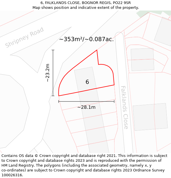 6, FALKLANDS CLOSE, BOGNOR REGIS, PO22 9SR: Plot and title map