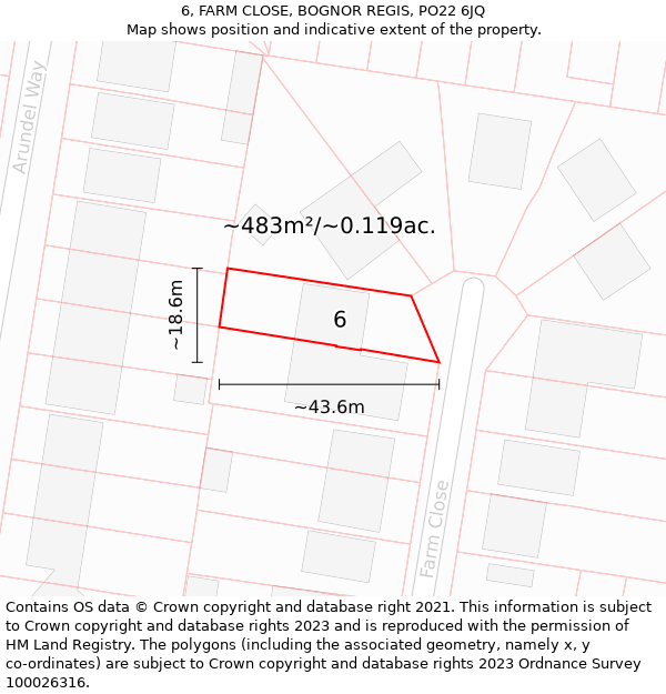 6, FARM CLOSE, BOGNOR REGIS, PO22 6JQ: Plot and title map