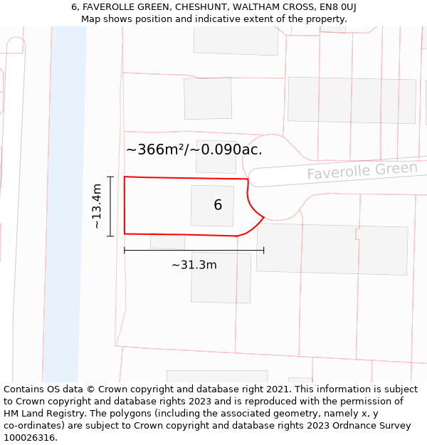 6, FAVEROLLE GREEN, CHESHUNT, WALTHAM CROSS, EN8 0UJ: Plot and title map