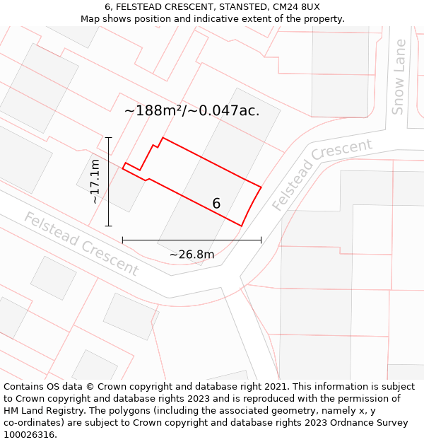 6, FELSTEAD CRESCENT, STANSTED, CM24 8UX: Plot and title map