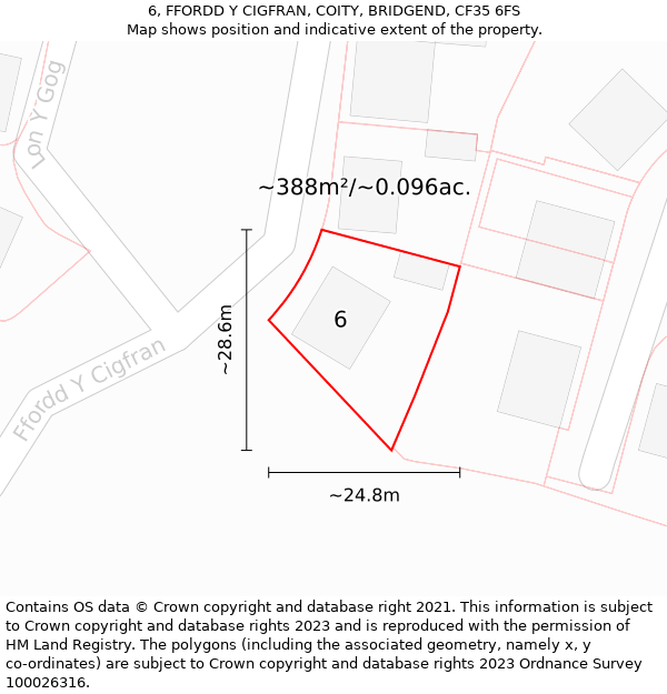 6, FFORDD Y CIGFRAN, COITY, BRIDGEND, CF35 6FS: Plot and title map