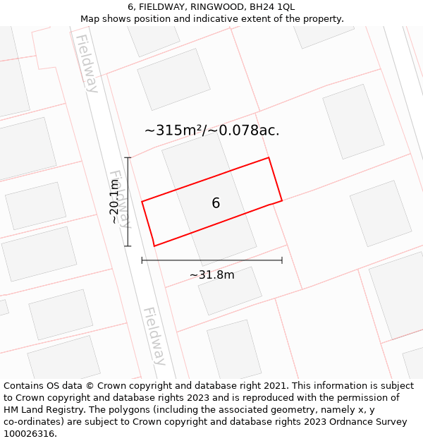 6, FIELDWAY, RINGWOOD, BH24 1QL: Plot and title map