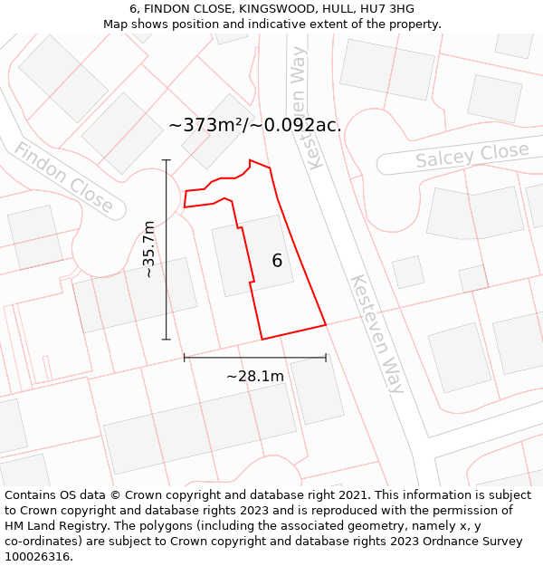 6, FINDON CLOSE, KINGSWOOD, HULL, HU7 3HG: Plot and title map