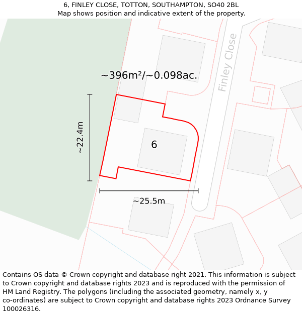 6, FINLEY CLOSE, TOTTON, SOUTHAMPTON, SO40 2BL: Plot and title map