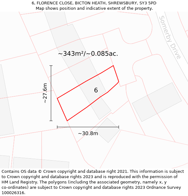 6, FLORENCE CLOSE, BICTON HEATH, SHREWSBURY, SY3 5PD: Plot and title map