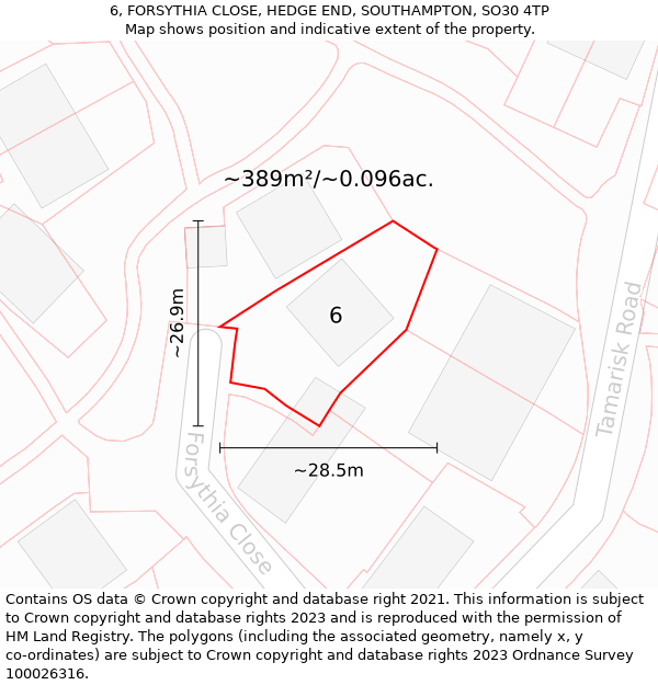 6, FORSYTHIA CLOSE, HEDGE END, SOUTHAMPTON, SO30 4TP: Plot and title map