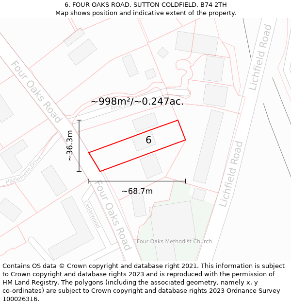 6, FOUR OAKS ROAD, SUTTON COLDFIELD, B74 2TH: Plot and title map