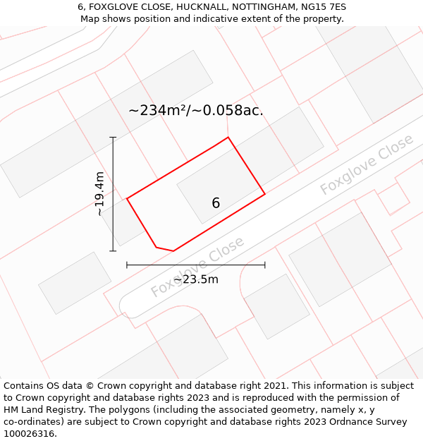 6, FOXGLOVE CLOSE, HUCKNALL, NOTTINGHAM, NG15 7ES: Plot and title map