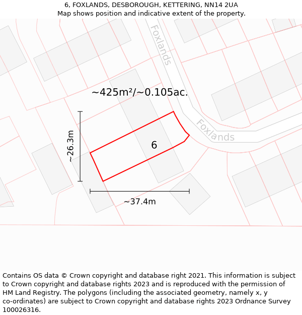 6, FOXLANDS, DESBOROUGH, KETTERING, NN14 2UA: Plot and title map