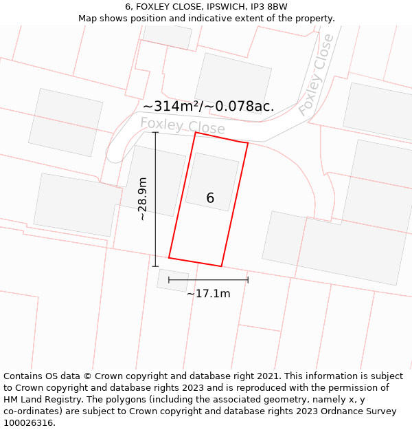 6, FOXLEY CLOSE, IPSWICH, IP3 8BW: Plot and title map