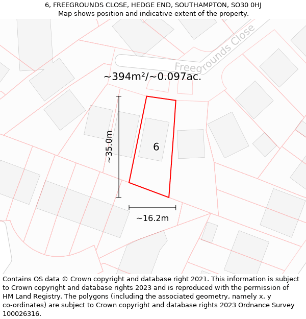 6, FREEGROUNDS CLOSE, HEDGE END, SOUTHAMPTON, SO30 0HJ: Plot and title map