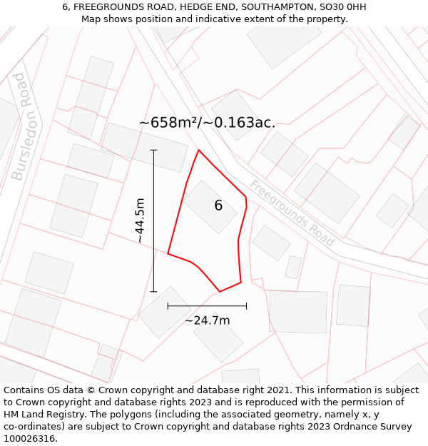 6, FREEGROUNDS ROAD, HEDGE END, SOUTHAMPTON, SO30 0HH: Plot and title map