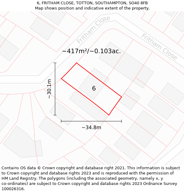 6, FRITHAM CLOSE, TOTTON, SOUTHAMPTON, SO40 8FB: Plot and title map