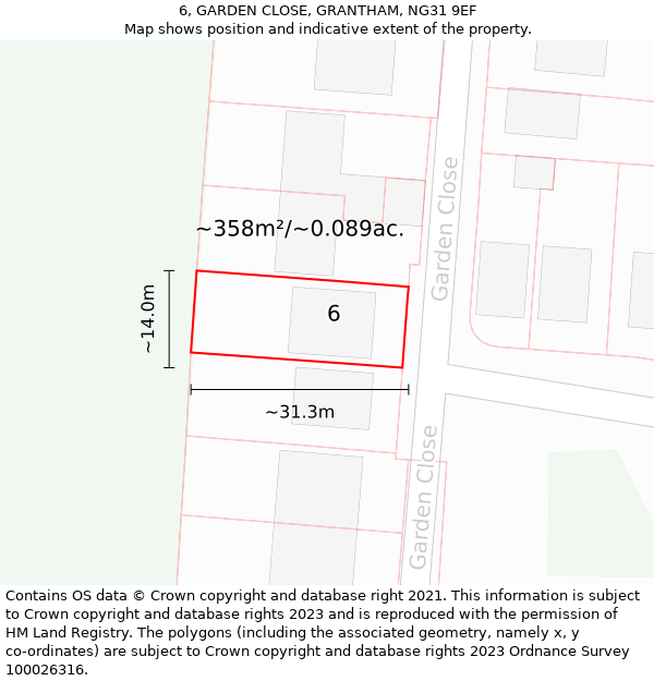 6, GARDEN CLOSE, GRANTHAM, NG31 9EF: Plot and title map