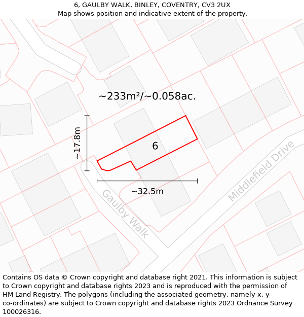 6, GAULBY WALK, BINLEY, COVENTRY, CV3 2UX: Plot and title map