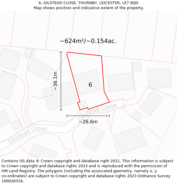 6, GILSTEAD CLOSE, THURNBY, LEICESTER, LE7 9QD: Plot and title map