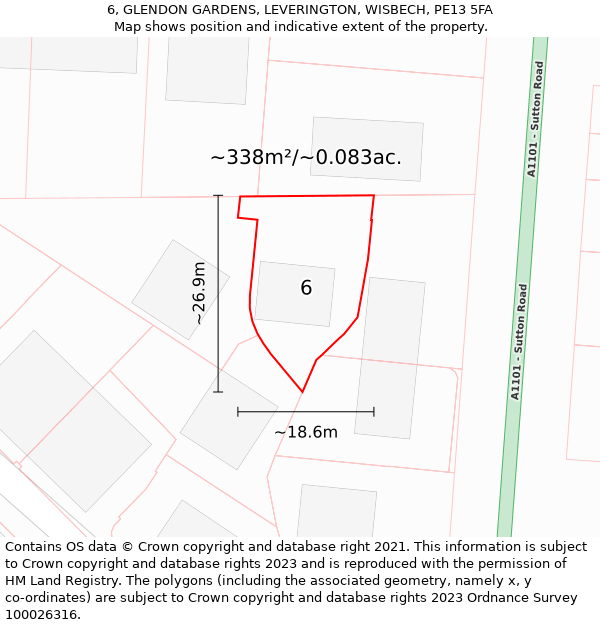 6, GLENDON GARDENS, LEVERINGTON, WISBECH, PE13 5FA: Plot and title map