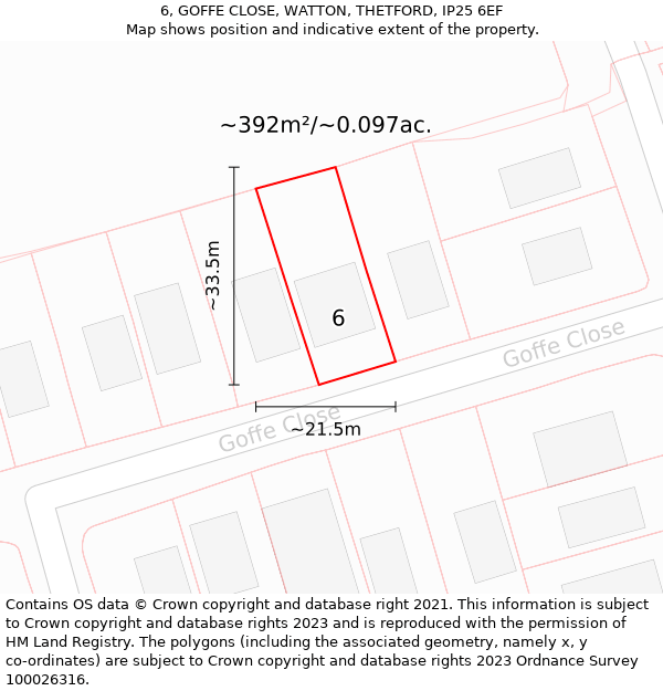 6, GOFFE CLOSE, WATTON, THETFORD, IP25 6EF: Plot and title map