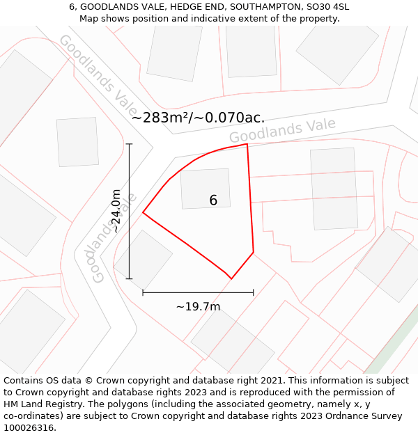 6, GOODLANDS VALE, HEDGE END, SOUTHAMPTON, SO30 4SL: Plot and title map