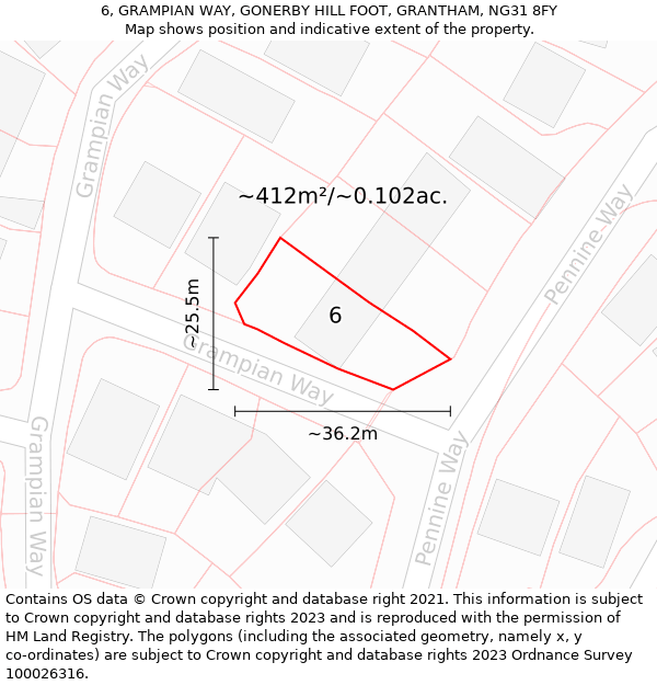 6, GRAMPIAN WAY, GONERBY HILL FOOT, GRANTHAM, NG31 8FY: Plot and title map