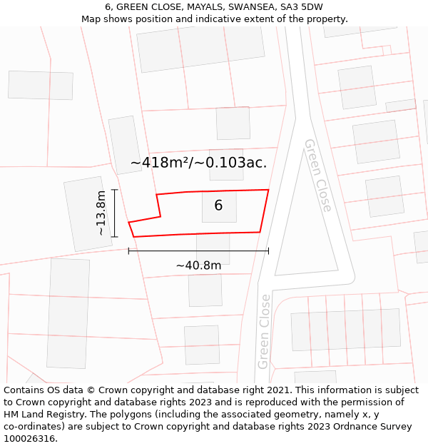 6, GREEN CLOSE, MAYALS, SWANSEA, SA3 5DW: Plot and title map