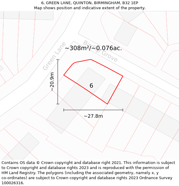 6, GREEN LANE, QUINTON, BIRMINGHAM, B32 1EP: Plot and title map