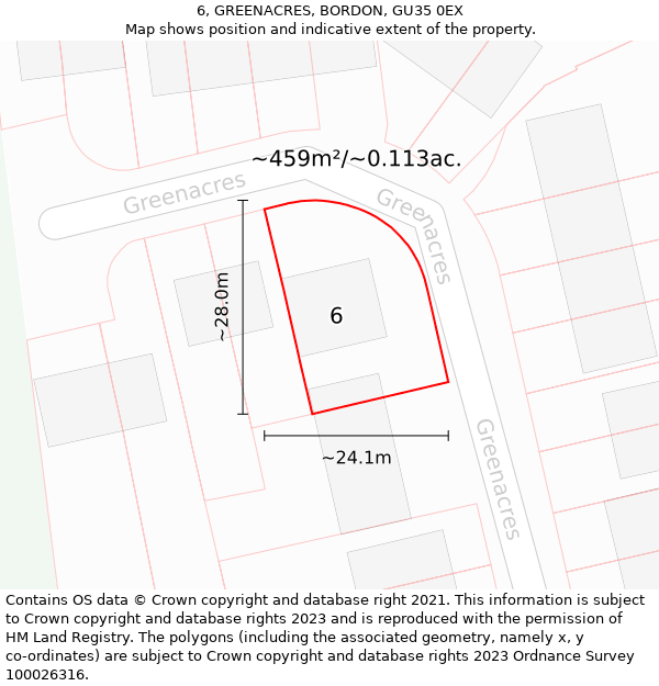 6, GREENACRES, BORDON, GU35 0EX: Plot and title map