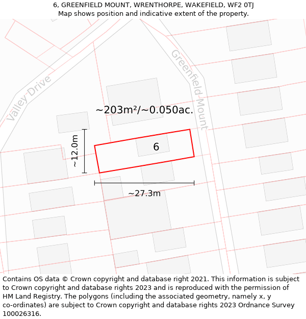 6, GREENFIELD MOUNT, WRENTHORPE, WAKEFIELD, WF2 0TJ: Plot and title map