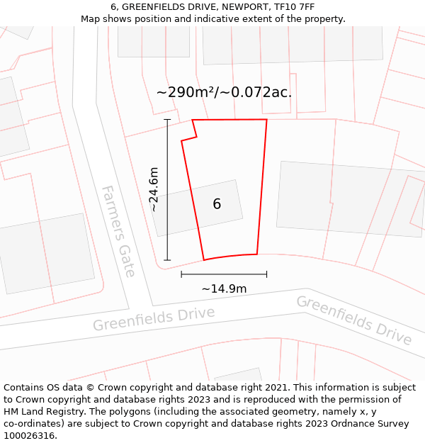 6, GREENFIELDS DRIVE, NEWPORT, TF10 7FF: Plot and title map