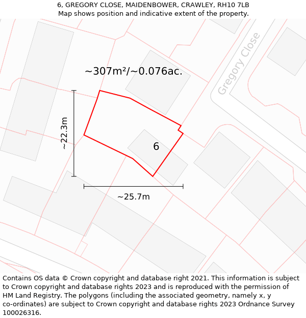 6, GREGORY CLOSE, MAIDENBOWER, CRAWLEY, RH10 7LB: Plot and title map