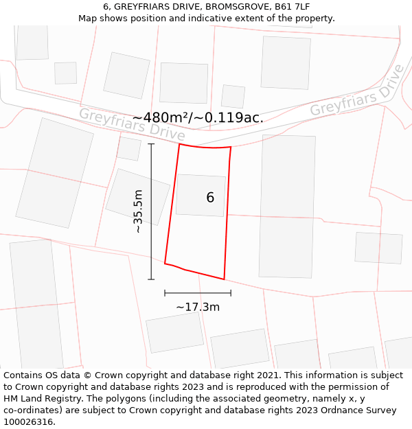 6, GREYFRIARS DRIVE, BROMSGROVE, B61 7LF: Plot and title map