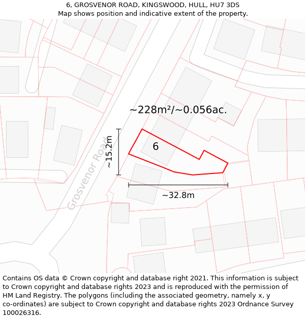 6, GROSVENOR ROAD, KINGSWOOD, HULL, HU7 3DS: Plot and title map