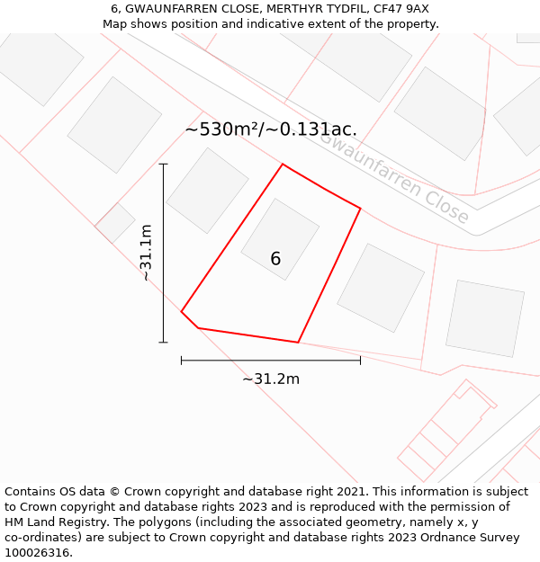 6, GWAUNFARREN CLOSE, MERTHYR TYDFIL, CF47 9AX: Plot and title map