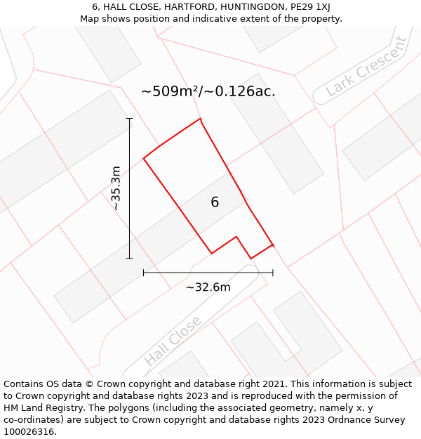 6, HALL CLOSE, HARTFORD, HUNTINGDON, PE29 1XJ: Plot and title map