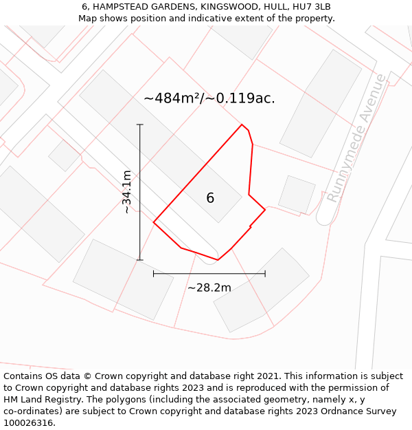 6, HAMPSTEAD GARDENS, KINGSWOOD, HULL, HU7 3LB: Plot and title map