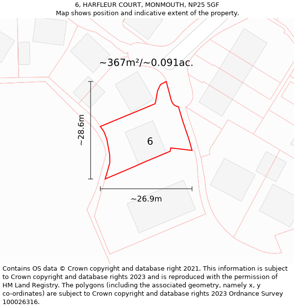 6, HARFLEUR COURT, MONMOUTH, NP25 5GF: Plot and title map