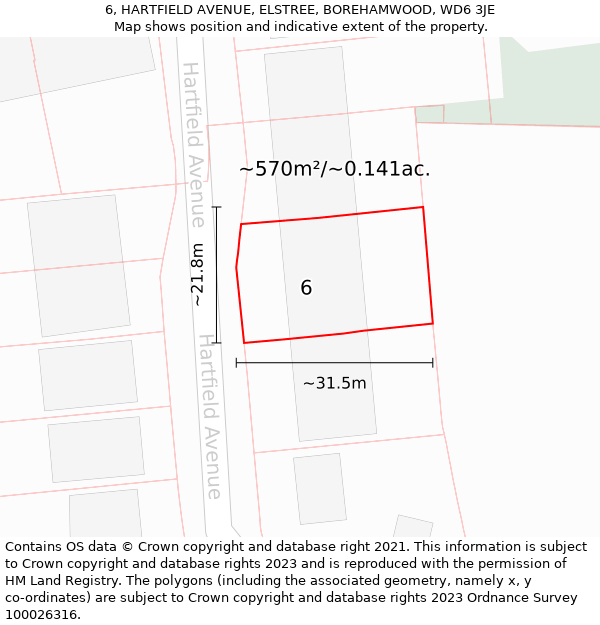 6, HARTFIELD AVENUE, ELSTREE, BOREHAMWOOD, WD6 3JE: Plot and title map