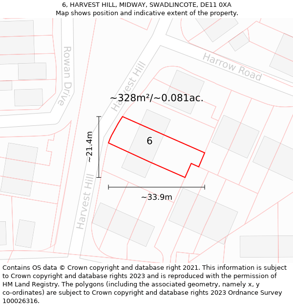 6, HARVEST HILL, MIDWAY, SWADLINCOTE, DE11 0XA: Plot and title map