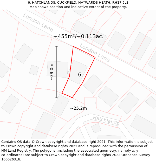 6, HATCHLANDS, CUCKFIELD, HAYWARDS HEATH, RH17 5LS: Plot and title map