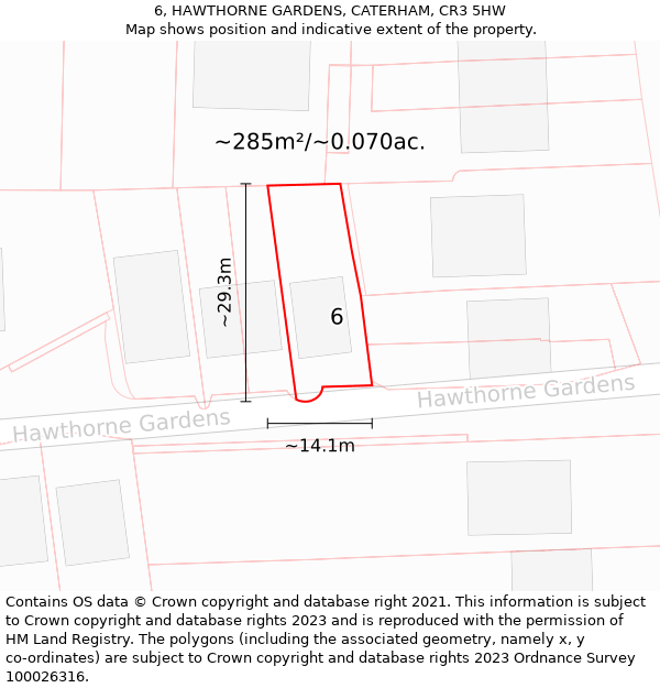 6, HAWTHORNE GARDENS, CATERHAM, CR3 5HW: Plot and title map