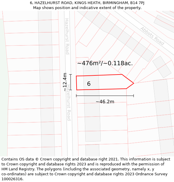 6, HAZELHURST ROAD, KINGS HEATH, BIRMINGHAM, B14 7PJ: Plot and title map