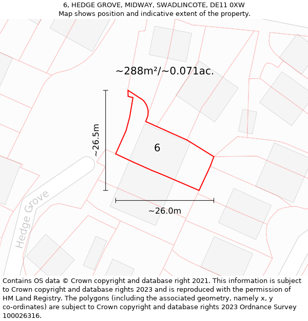 6, HEDGE GROVE, MIDWAY, SWADLINCOTE, DE11 0XW: Plot and title map