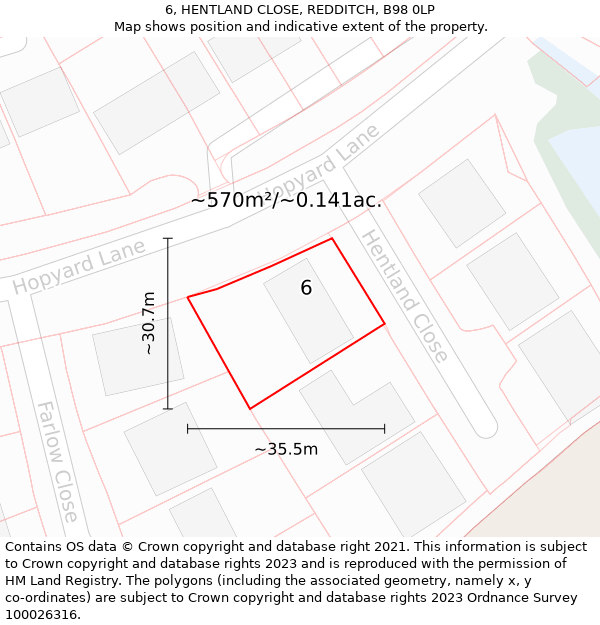 6, HENTLAND CLOSE, REDDITCH, B98 0LP: Plot and title map