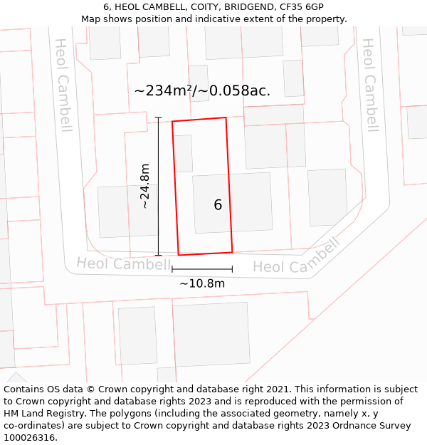 6, HEOL CAMBELL, COITY, BRIDGEND, CF35 6GP: Plot and title map