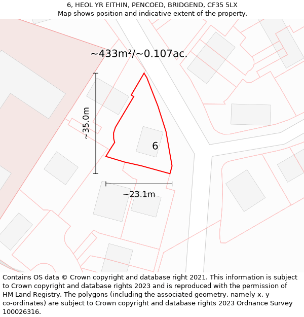 6, HEOL YR EITHIN, PENCOED, BRIDGEND, CF35 5LX: Plot and title map