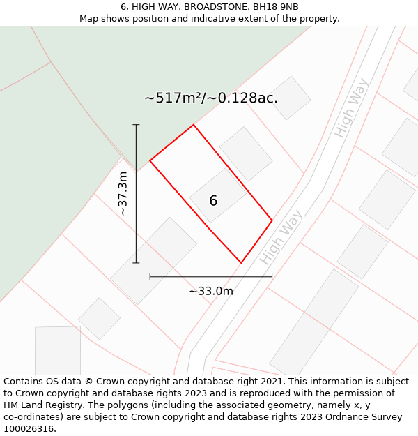 6, HIGH WAY, BROADSTONE, BH18 9NB: Plot and title map