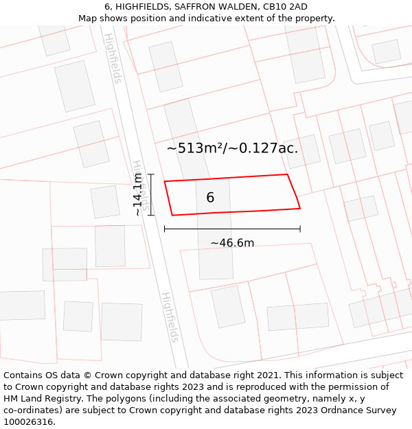 6, HIGHFIELDS, SAFFRON WALDEN, CB10 2AD: Plot and title map