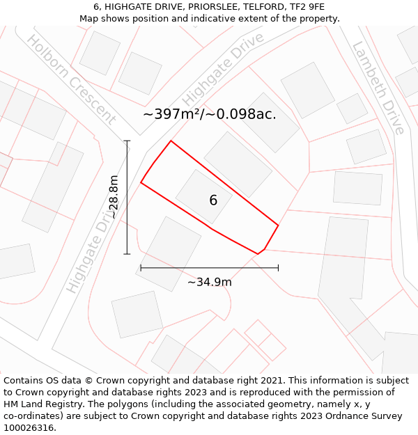 6, HIGHGATE DRIVE, PRIORSLEE, TELFORD, TF2 9FE: Plot and title map