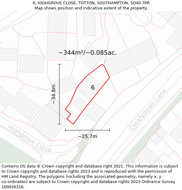 6, HIGHGROVE CLOSE, TOTTON, SOUTHAMPTON, SO40 7PR: Plot and title map