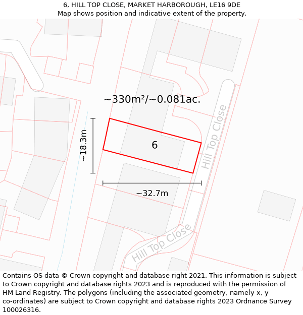 6, HILL TOP CLOSE, MARKET HARBOROUGH, LE16 9DE: Plot and title map